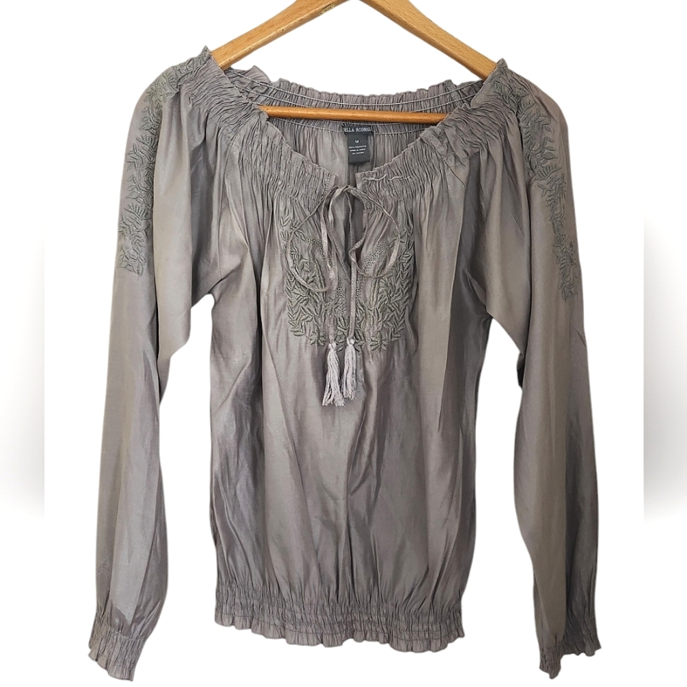 Isabella Rodriguez Gray Embroidered Peasant Blouse